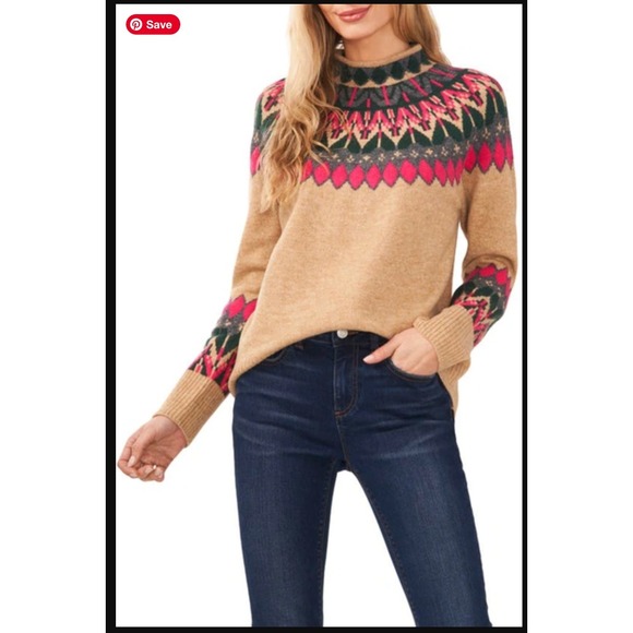 CeCe Sweaters - CeCe Fair Isle Knit Sweater Camel Tan Pink Green Sz M Fits L XL